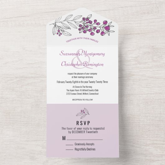 Minimale Paarse bovengrens van de Berry Leaf Weddi All In One Uitnodiging (Binnen)