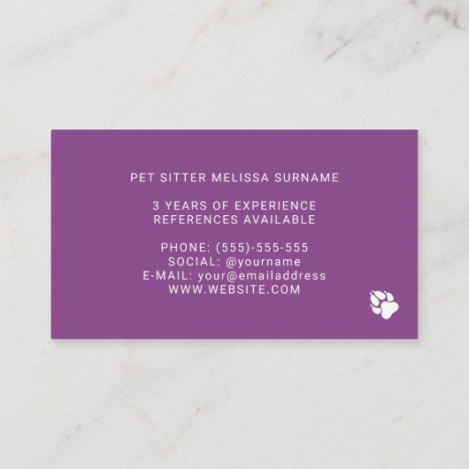 Minimale Paarse en witte dog Silhouette - Pet Sitt Visitekaartje (Achterkant)