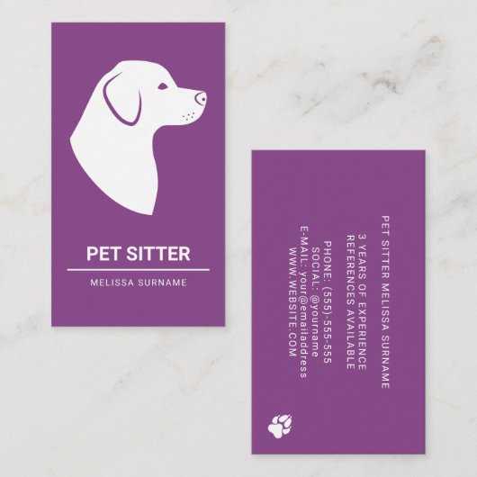 Minimale Paarse en witte dog Silhouette - Pet Sitt Visitekaartje (Voorkant / Achterkant)