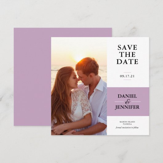 Minimale Paarse foto om de datum op te slaan Save The Date (Voorkant / Achterkant)
