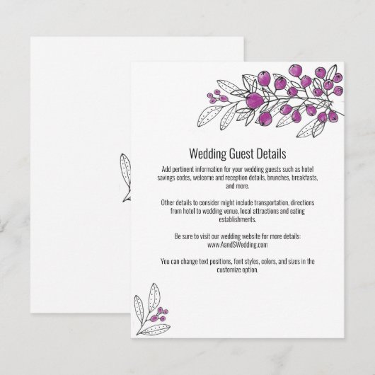 Minimale Paarse lef-bruiloft van Berry - Details Informatiekaartje (Voorkant / Achterkant)