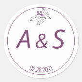 Minimale Paarse Witte Initialen Datum huwelijk Ronde Sticker (Voorkant)
