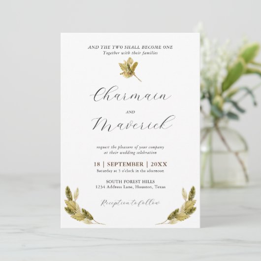 Minimale Palm Leaf Monogram Foto Bruiloft Kaart (Staand voorkant)