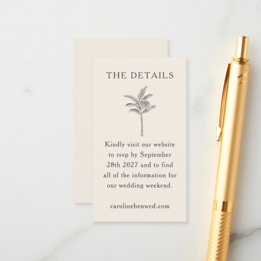 Minimale palmboomlijn Ecru art Elegant Wedding Informatiekaartje (Voorkant / Achterkant in situ)