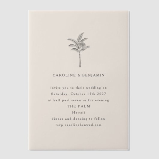 Minimale palmboomlijn Ecru art Elegant Wedding Vellum Uitnodigingen (Voorkant)