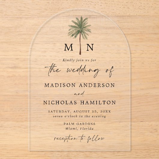 Minimale palmboommonogram bruiloft acryl uitnodigingen (Voorkant)