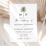 Minimale palmboommonogram bruiloft kaart<br><div class="desc">Uitnodigingen voor Tropische bruiloft met je monogram initialen gescheiden door één palmtekening bovenaan de uitnodiging. Pas de huwelijksuitnodiging voor een monogram palmboom aan met uw namen en trouwgegevens in zwarte letters met een modern handgeschreven script dat het ontwerp accentueert. De simpele tropische bruiloft nodigt terug om een stevige groene achtergrond...</div>