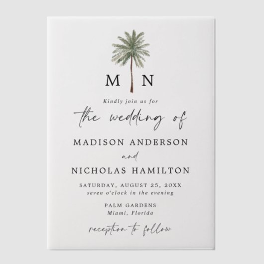 Minimale palmboommonogram bruiloft vellum uitnodigingen (Voorkant)