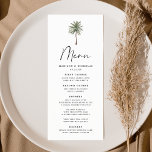 Minimale palmweduwen menu<br><div class="desc">Tropisch huwelijksmenu met een enkele palmboom bovenaan het ontwerp met "Menu" weergegeven in een modern zwart kalligrafiescript. Personaliseer het huwelijksmenu van de palmboom met uw namen, huwelijksdatum, en menu hieronder. Het strandhuwelijksmenu keert terug naar een donkergroene achtergrond met ruimte voor extra tekst en foto's. Ontworpen om te coördineren met ons...</div>