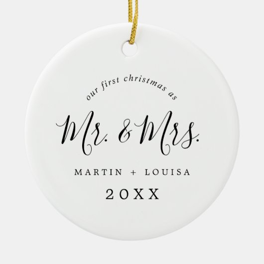 Minimale Pas getrouwd eerste kerstbruiloft foto Keramisch Ornament (Voorkant)