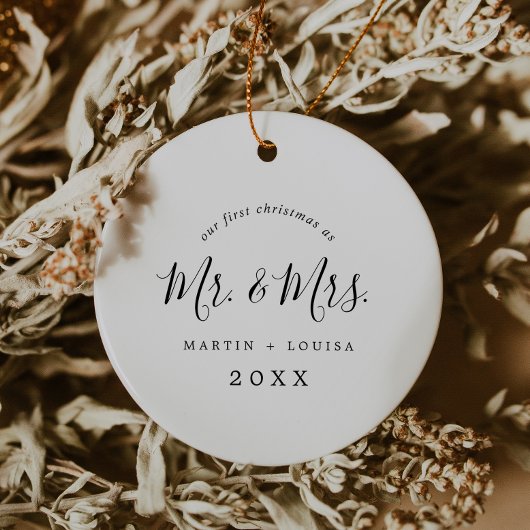 Minimale Pas getrouwd eerste kerstbruiloft foto Keramisch Ornament