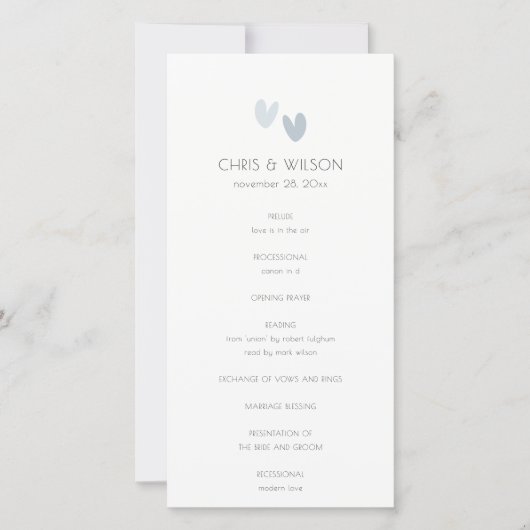 Minimale pasta Dusky Blue Hearts Wedding Programme Bedankkaart (Voorkant)