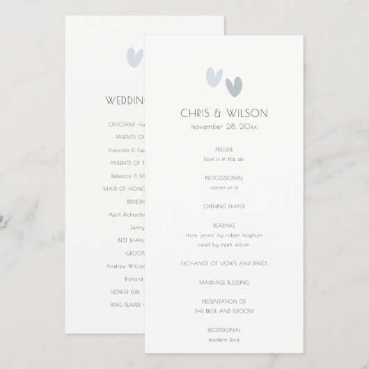 Minimale pasta Dusky Blue Hearts Wedding Programme Bedankkaart (Voorkant / Achterkant)