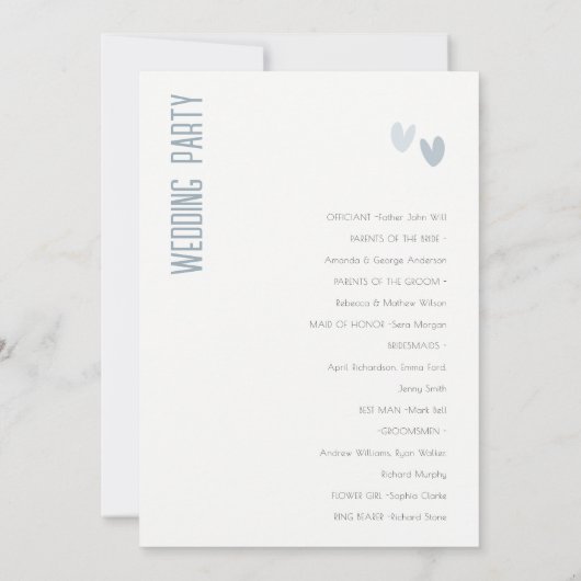 Minimale pasta Dusky Blue Hearts Wedding Programme Kaart (Achterkant)