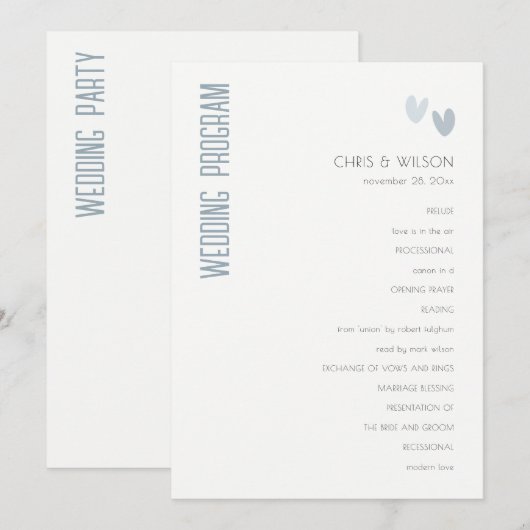 Minimale pasta Dusky Blue Hearts Wedding Programme Kaart (Voorkant / Achterkant)