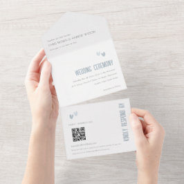 Minimale pasta-duusky Blue Hearts Wedding QR-code All In One Uitnodiging