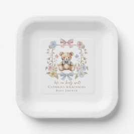 Minimale Pastel Bloem Teddybeer Baby Shower Papieren Bordje