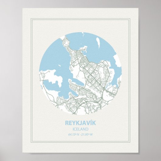 Minimale Pastel Blue Map Art Reykjavik IJsland Poster (Voorkant)