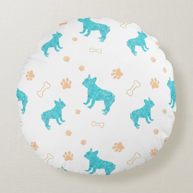Minimale pastelblauwe Franse bulldog-werpkussen Rond Kussen (Voorkant)