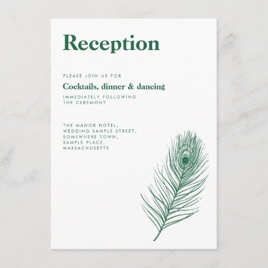 Minimale Peacock Feather Green bruiloft receptie Informatiekaartje (Voorkant)
