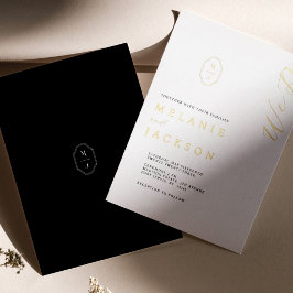 Minimale persoonlijke zwarte & witte monogram-klok folie uitnodiging