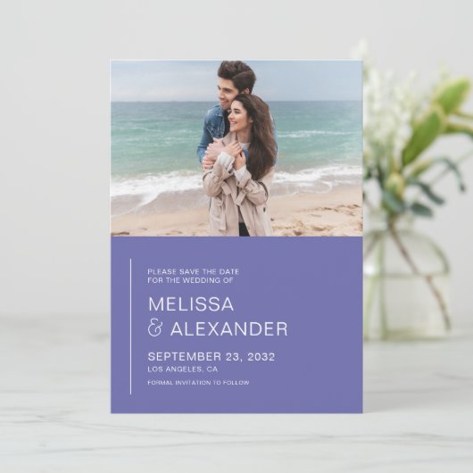 Minimale perwinkle eenvoudige fotobruiloft save the date (Staand voorkant)