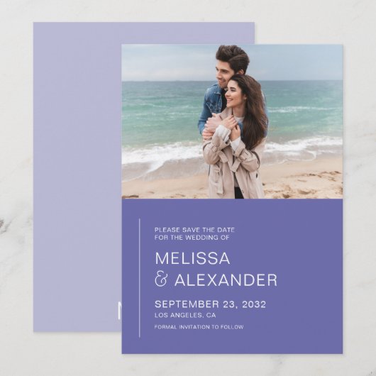 Minimale perwinkle eenvoudige fotobruiloft save the date (Voorkant / Achterkant)