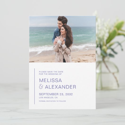 Minimale perwinkle eenvoudige fotobruiloft save the date (Staand voorkant)