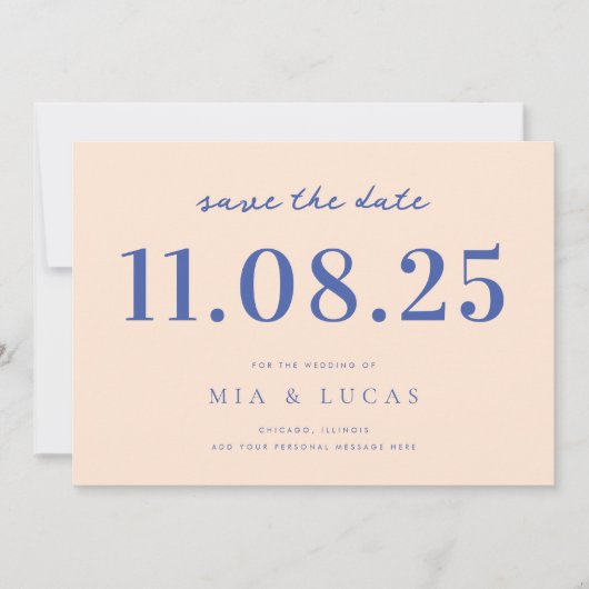 Minimale perzik blauw chique trouwdatum niet-foto save the date (Voorkant)
