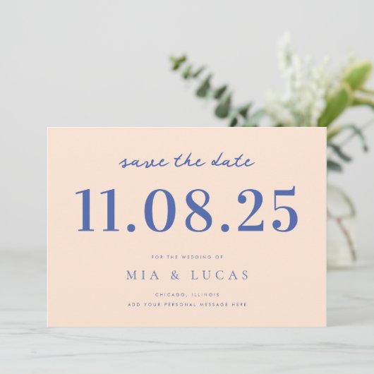 Minimale perzik blauw chique trouwdatum niet-foto save the date (Staand voorkant)