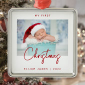 Minimale Photo Baby's Eerste Kerstrood script Metalen Ornament