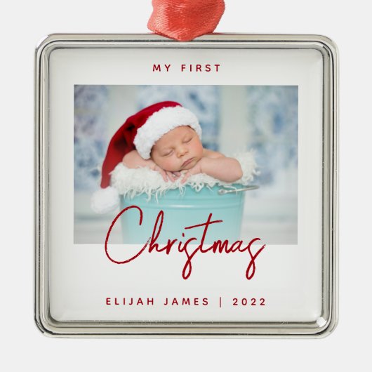 Minimale Photo Baby's Eerste Kerstrood script Metalen Ornament (Voorkant)
