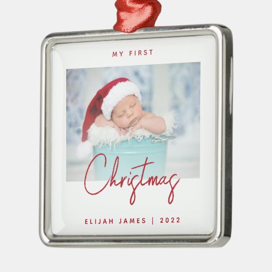 Minimale Photo Baby's Eerste Kerstrood script Metalen Ornament (Links)