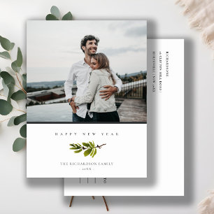 Minimale pine tak kerstfoto, gelukkig nieuwjaar feestdagenkaart