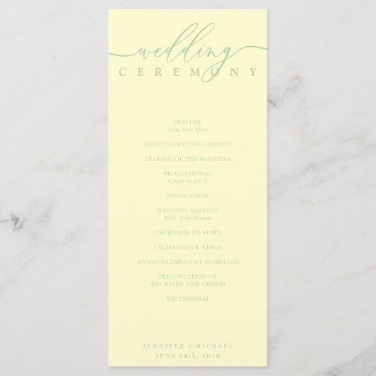 Minimale Pistache & Crème Script Trouwceremonie Programmakaart (Voorkant)