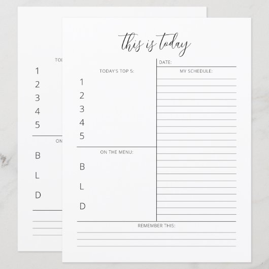 Minimale planning voor dagelijkse planner één pagi (Voorkant / Achterkant)