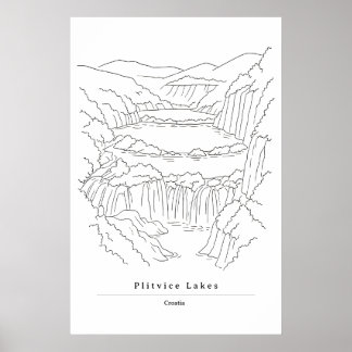 Minimale Plitvice Meren Lijnkunst Afdruk | Kroatië Poster