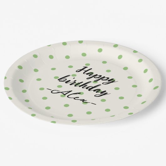 Minimale polka-stippen groen en wit papieren bordje (Gekanteld)