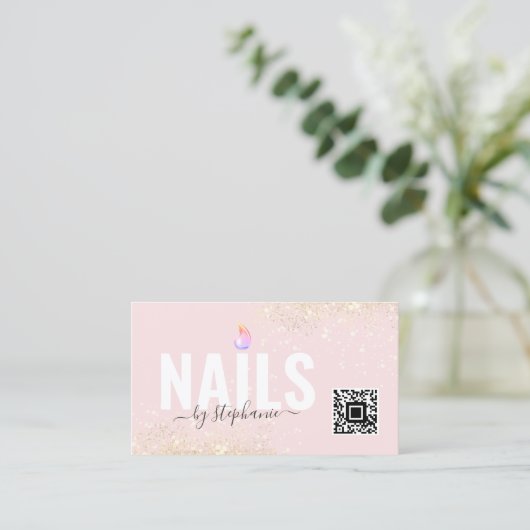 Minimale Poolse Nail Beauty Salon QR Code Roze Contactkaartje (Staand voorkant)