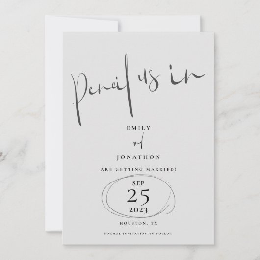 Minimale potlood in stijlvol script grijs save the date (Voorkant)