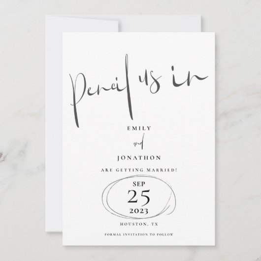 Minimale potlood in stijlvol Script White Save The Date (Voorkant)
