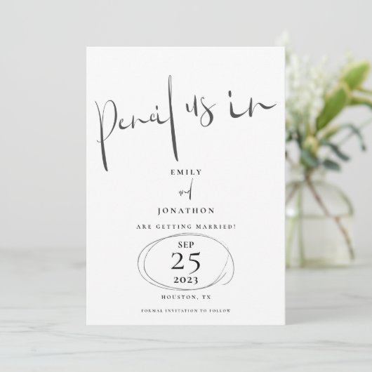 Minimale potlood in stijlvol Script White Save The Date (Staand voorkant)