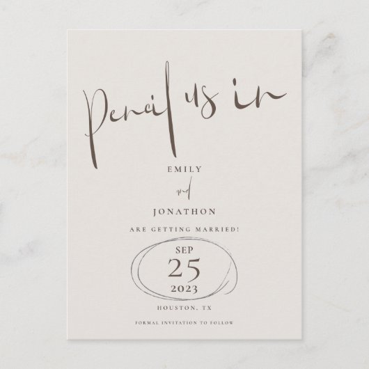 Minimale potlood is in bruine crème Bewaar de datu Aankondigingskaart (Voorkant)