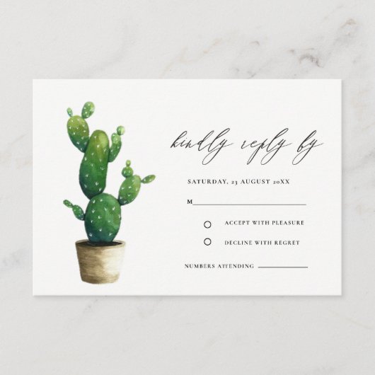 Minimale Potted Cactus Green Foliage Wedding RSVP Informatiekaartje (Voorkant)