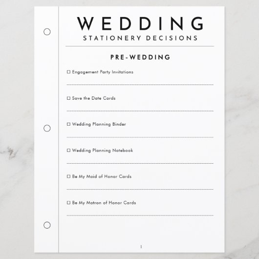 Minimale pre-huwelijksbriefpapierplannerpagina (Voorkant)