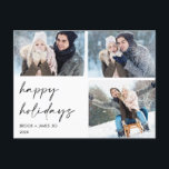 Minimale Prettige feestdagen kerst met kalligrafie Briefkaart<br><div class="desc">Minimalistisch Briefkaart voor Prettige feestdagen kalligrafie

Eenvoudig drie foto-kerstbriefkaart met een modern kalligrafiesend afbeelding op vakantie,  de paardennamen en de jaardatum.  De achterkant van het briefkaart is voorbereid op het adres en de boodschap van de paren.  Geweldig voor iemand die van moderne,  minimalistische fotofoto-briefkaarten houdt.</div>