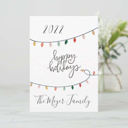 Minimale Prettige feestdagen kerstlampjes 4 Foto Feestdagenkaart (Staand voorkant)