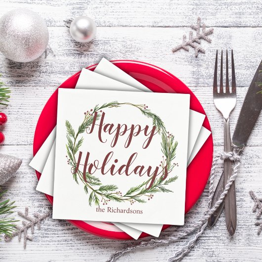 Minimale Prettige feestdagen Waterverf Pine Wreath Servet