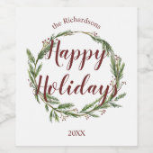 Minimale Prettige feestdagen Waterverf Pine Wreath Wijn Etiket (Enkel label)