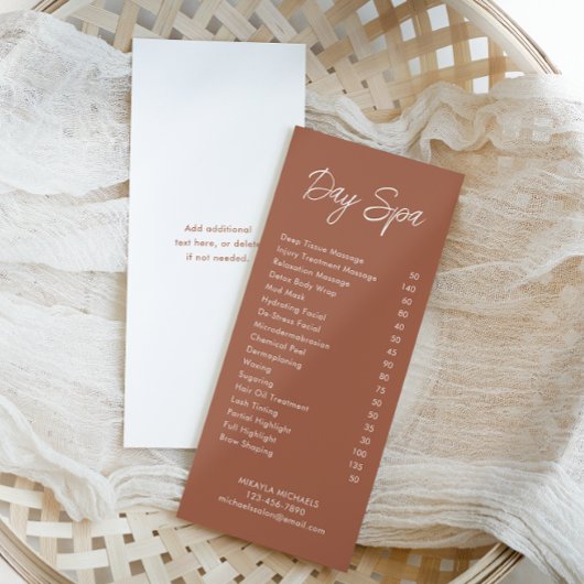 Minimale prijslijst voor Terracotta Spa en Salon Reclamekaart